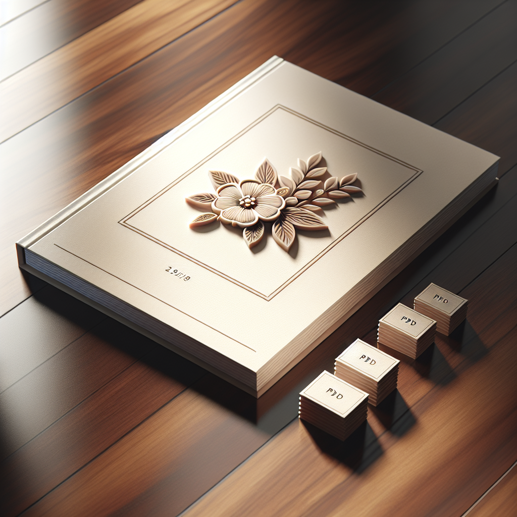 A realistic depiction of a funeral program on a wooden table with a soft cream-colored cover and floral border.