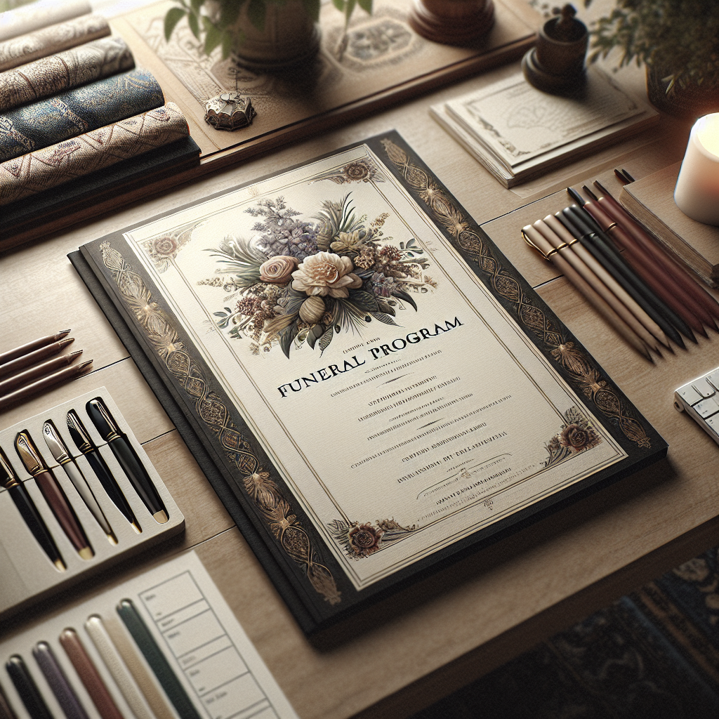 An open funeral program on a wooden table surrounded by paper samples, pens, and a candle.