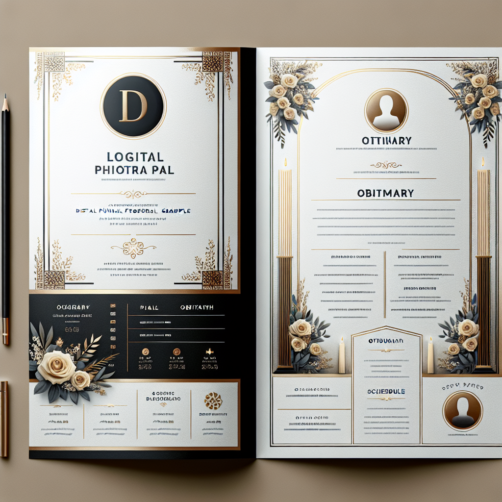 A realistic depiction of a digital funeral program sample, open to show its elegant design and layout.