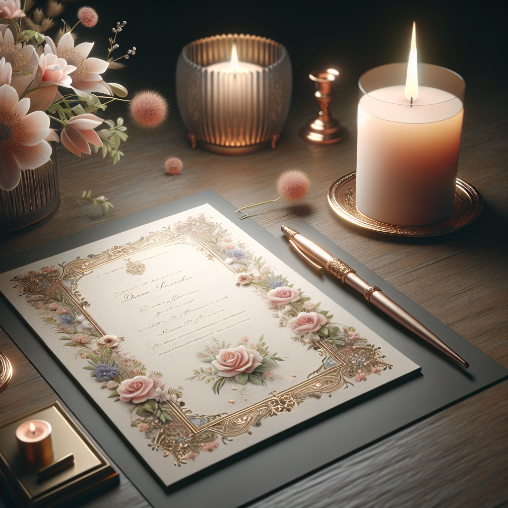 A serene scene with an elegant memorial card, lit candle, fresh flowers in a vase, and a classic pen on a wooden table.