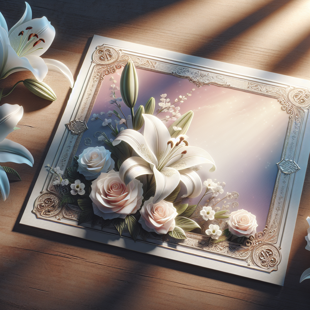 A beautifully designed memorial card with white lilies and roses, placed on a wooden table, symbolizing purity and memory.