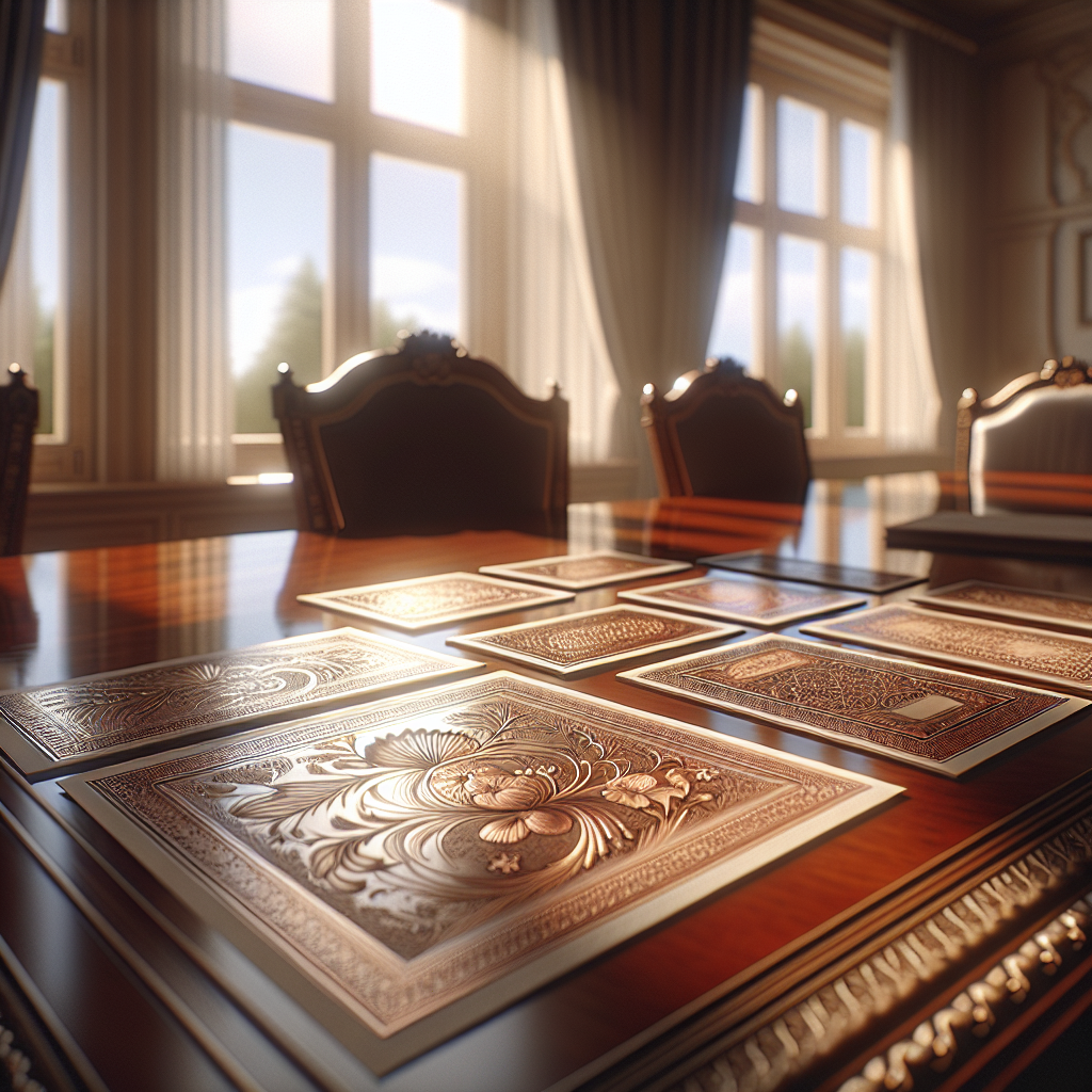 Memorial cards on a polished wooden table in a peaceful, sunlit room with no text.