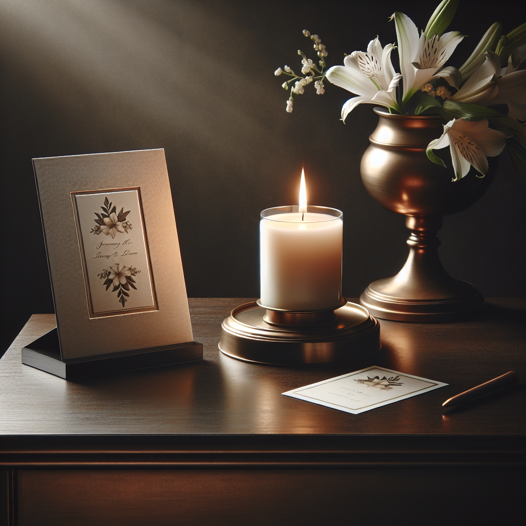 Memorial card on a wooden table with a lit candle and a bouquet of white lilies.