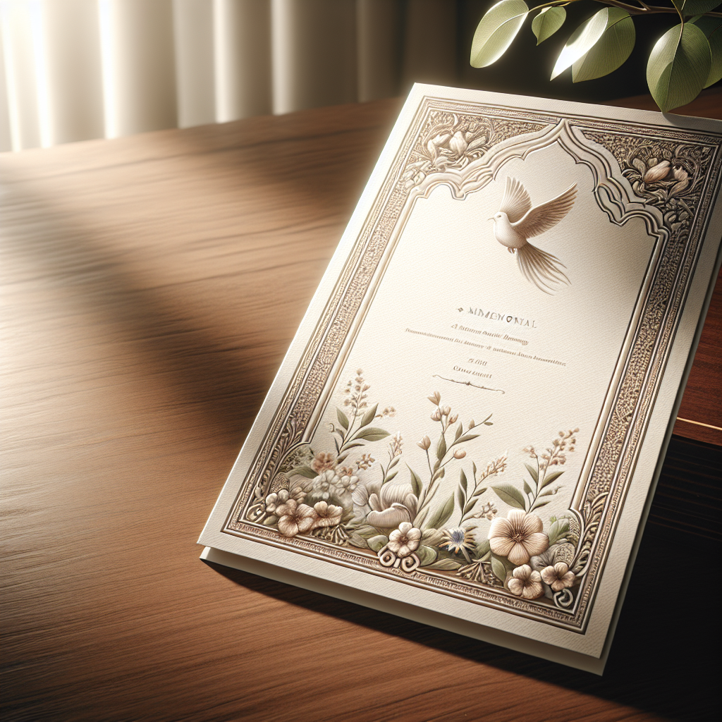 A realistic depiction of a beautifully designed memorial card on a wooden table with nature-inspired elements and warm lighting.