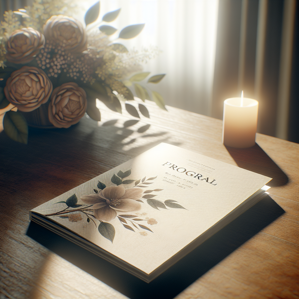 A realistic image of a funeral program on a wooden table with soft lighting.