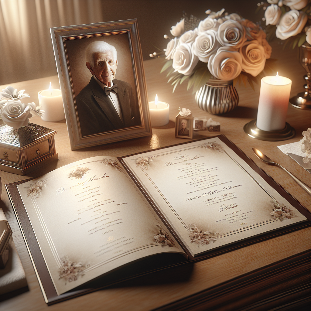 A realistic image of a funeral program on a wooden table with sentimental items like a framed photo, a white rose, and a lit candle.