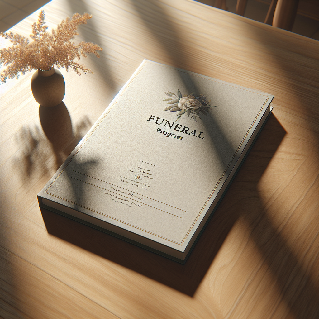 An elegantly designed funeral program on a warm wooden table with soft, ambient lighting.