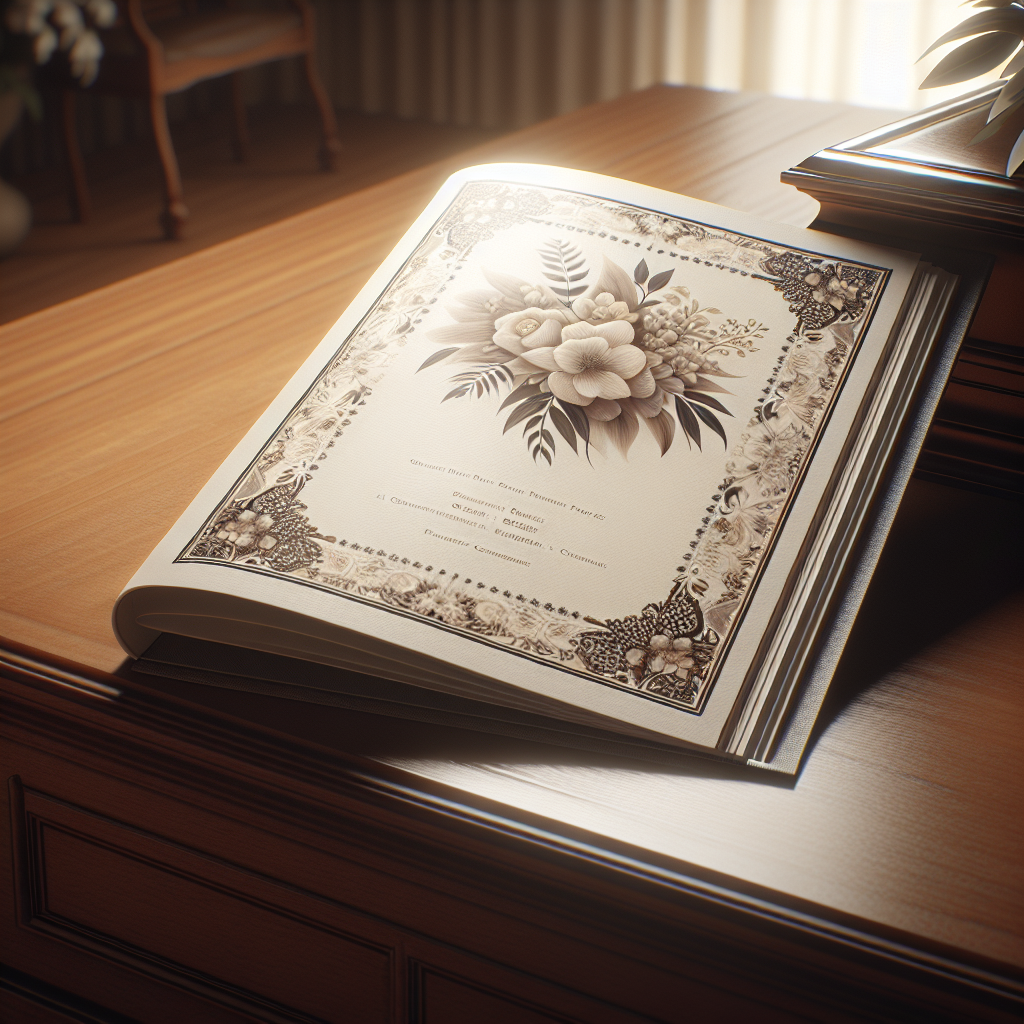 A realistic depiction of a funeral program booklet on a wooden table, open to elegantly designed pages with floral motifs, no text visible.