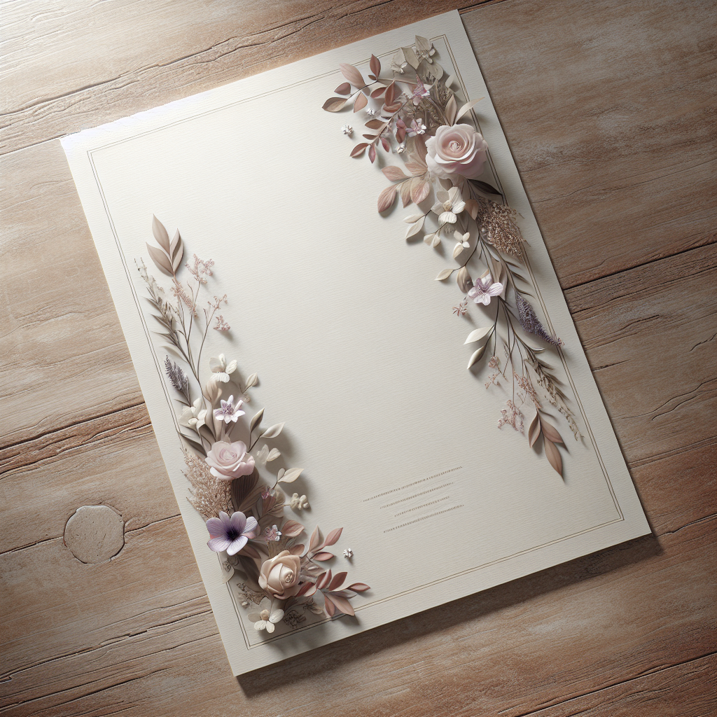 A realistic image of a floral-bordered funeral program lying on a wooden table.