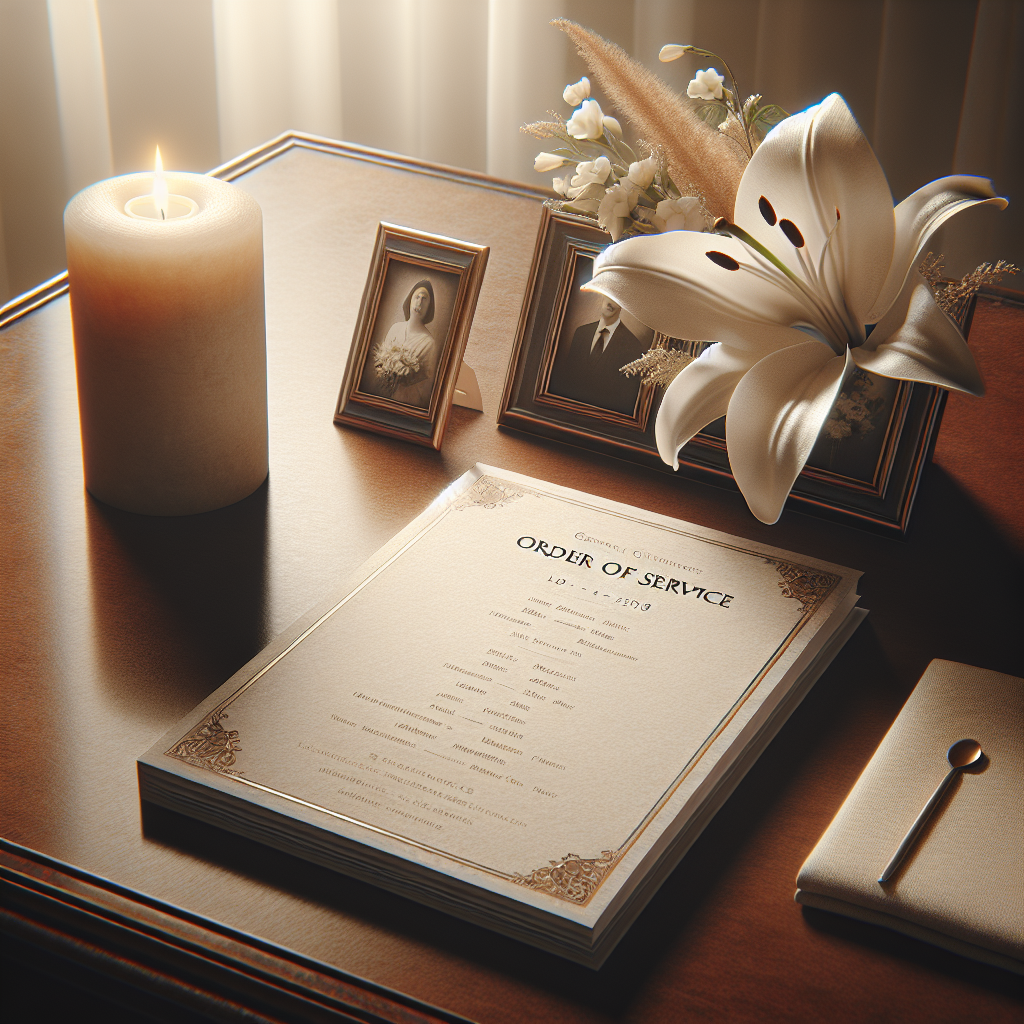 An open funeral program booklet on a wooden table with a white lily and a lit candle.