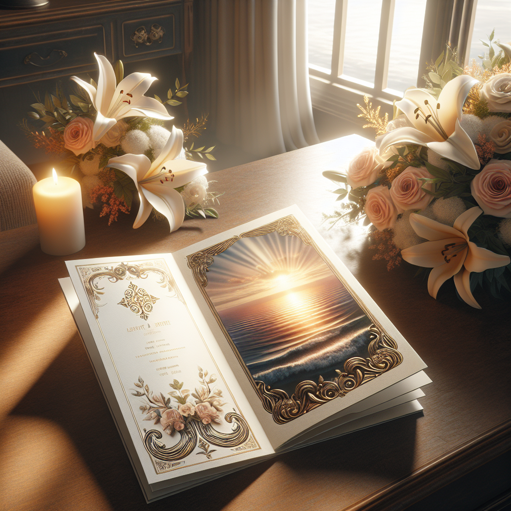 An open funeral program booklet with artistic elements on a table, surrounded by flowers, depicting a serene sunset.