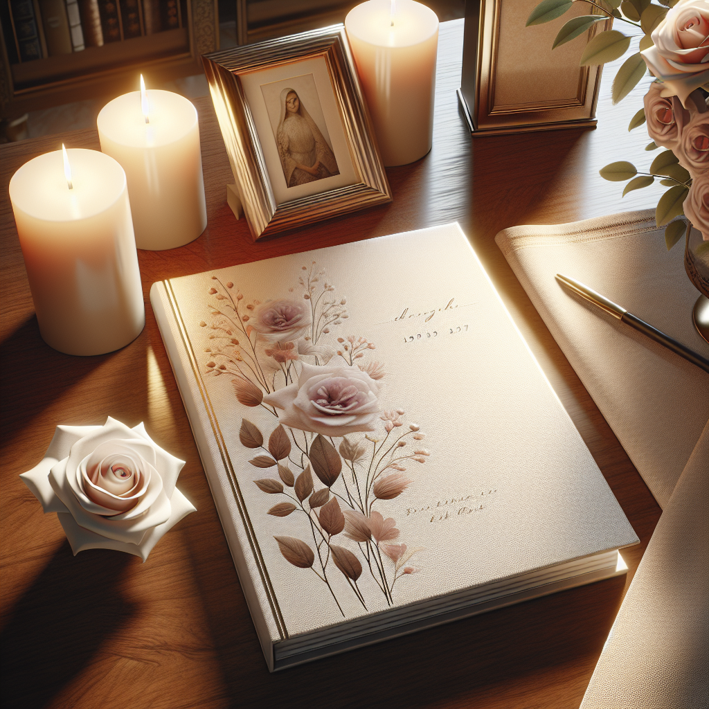 A realistic image of a funeral program booklet on a wooden table with candles, a framed photograph, and a white rose.