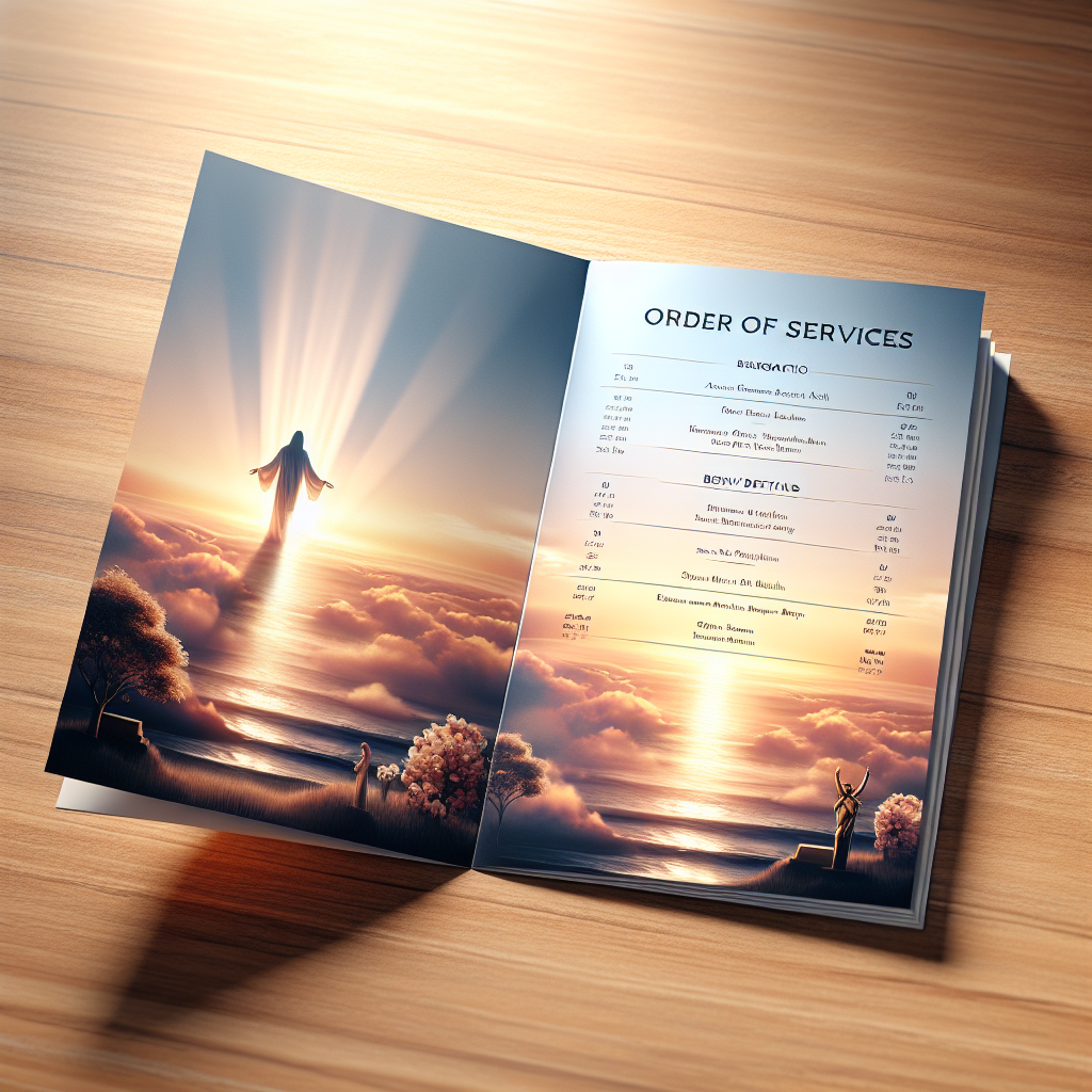 A realistic funeral program booklet open on a wooden table with a serene design featuring a sunrise over a calm sea.