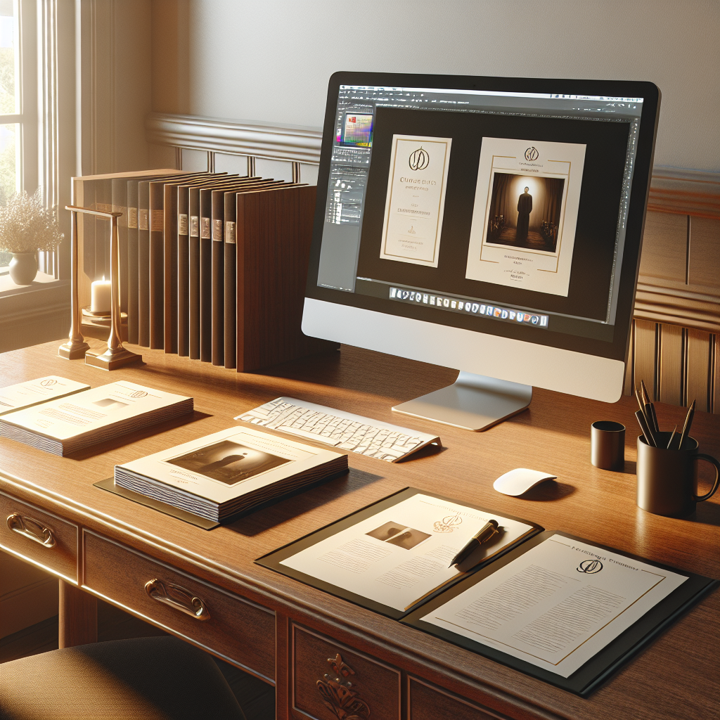 A serene workspace for creating a funeral program with sample booklets, a computer, and an elegant pen.