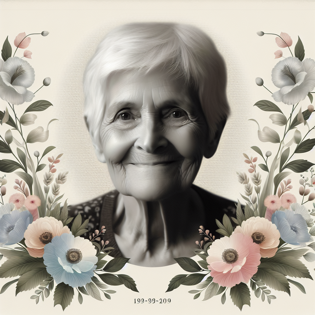 A realistic memorial poster featuring a black and white photo of an elderly person surrounded by pastel floral decorations.