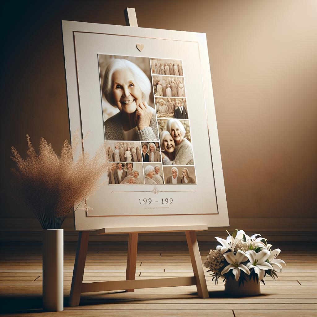 A realistic memorial poster on a wooden easel with photographs of a smiling elderly woman and a bouquet of white lilies in the foreground.