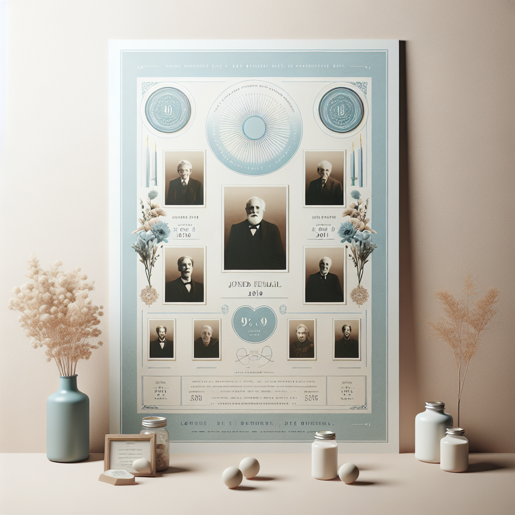 A realistic memorial poster with photographs and design elements in soft colors.