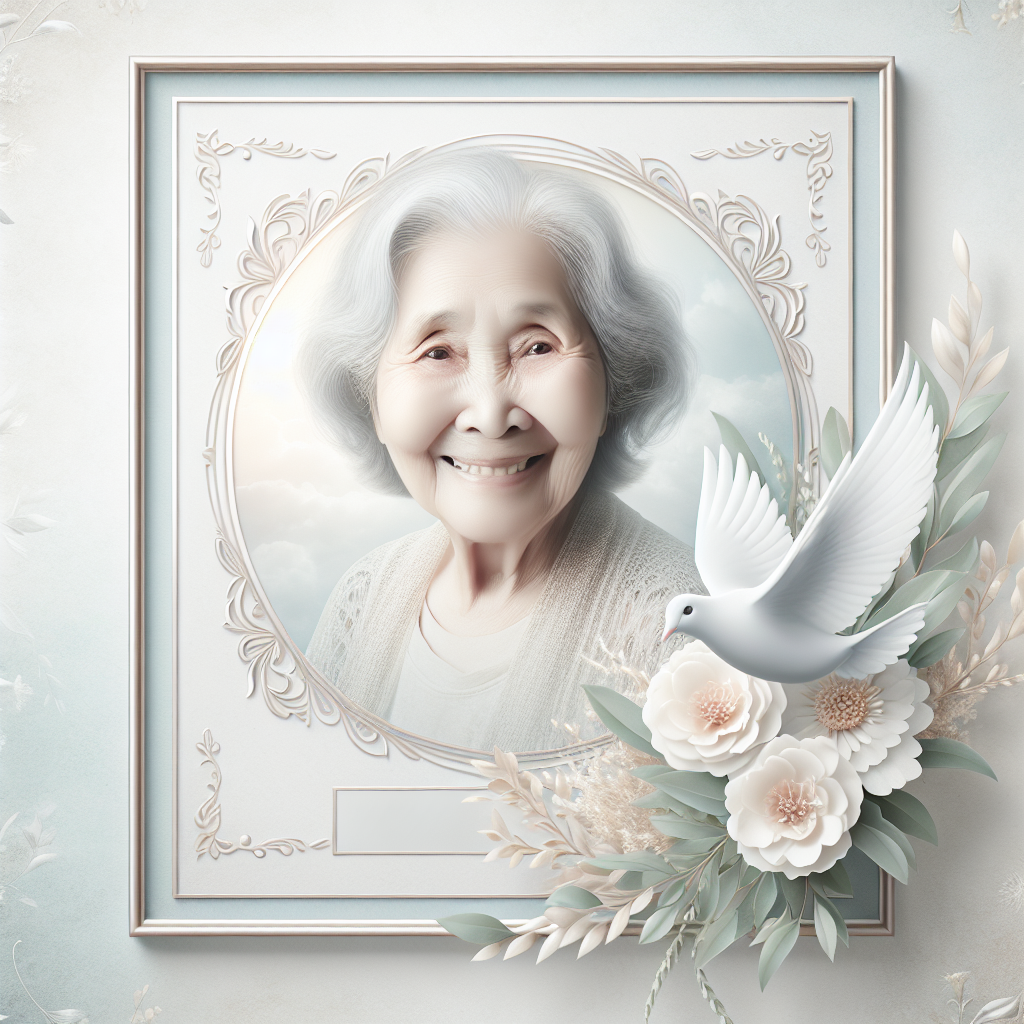 A memorial poster with a photo of an elderly person, floral decorations, and a dove.