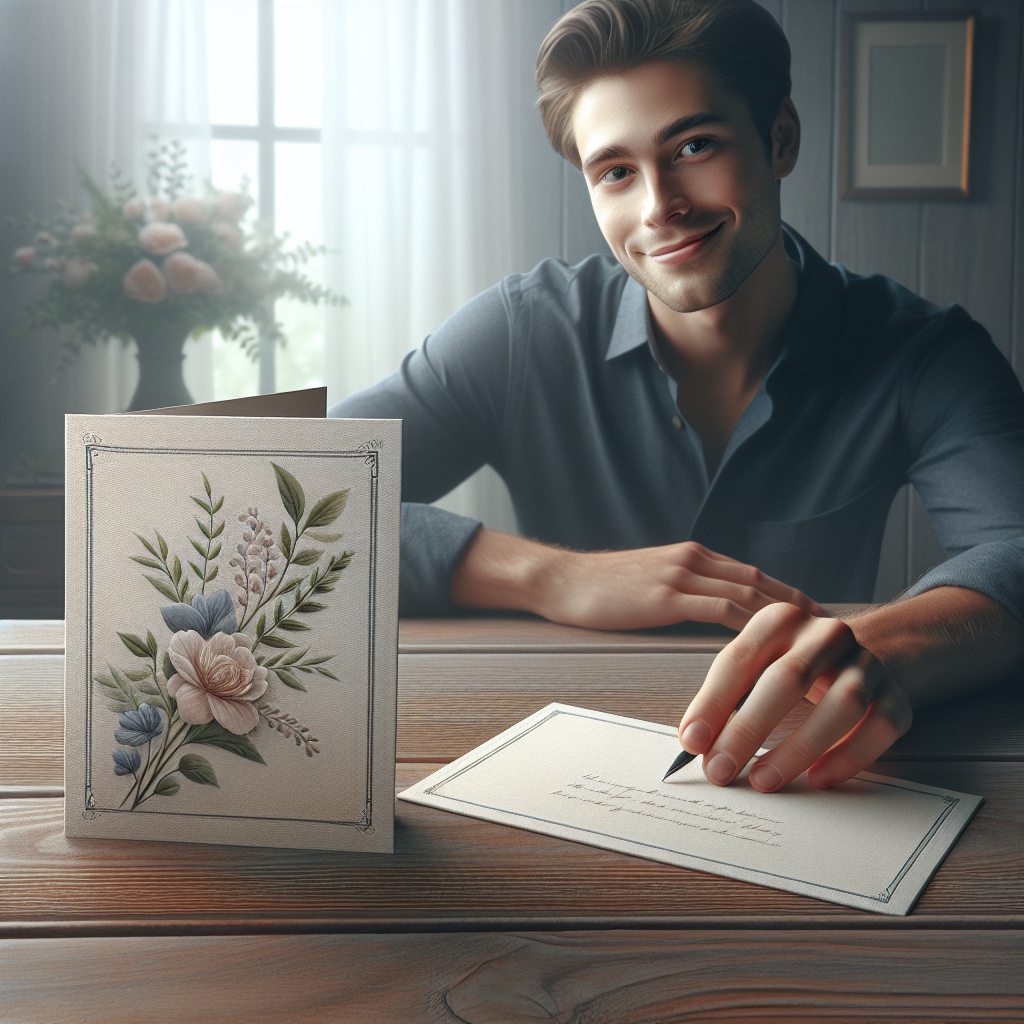 A realistic memorial card on a wooden table with a photograph of a smiling young man in the background.