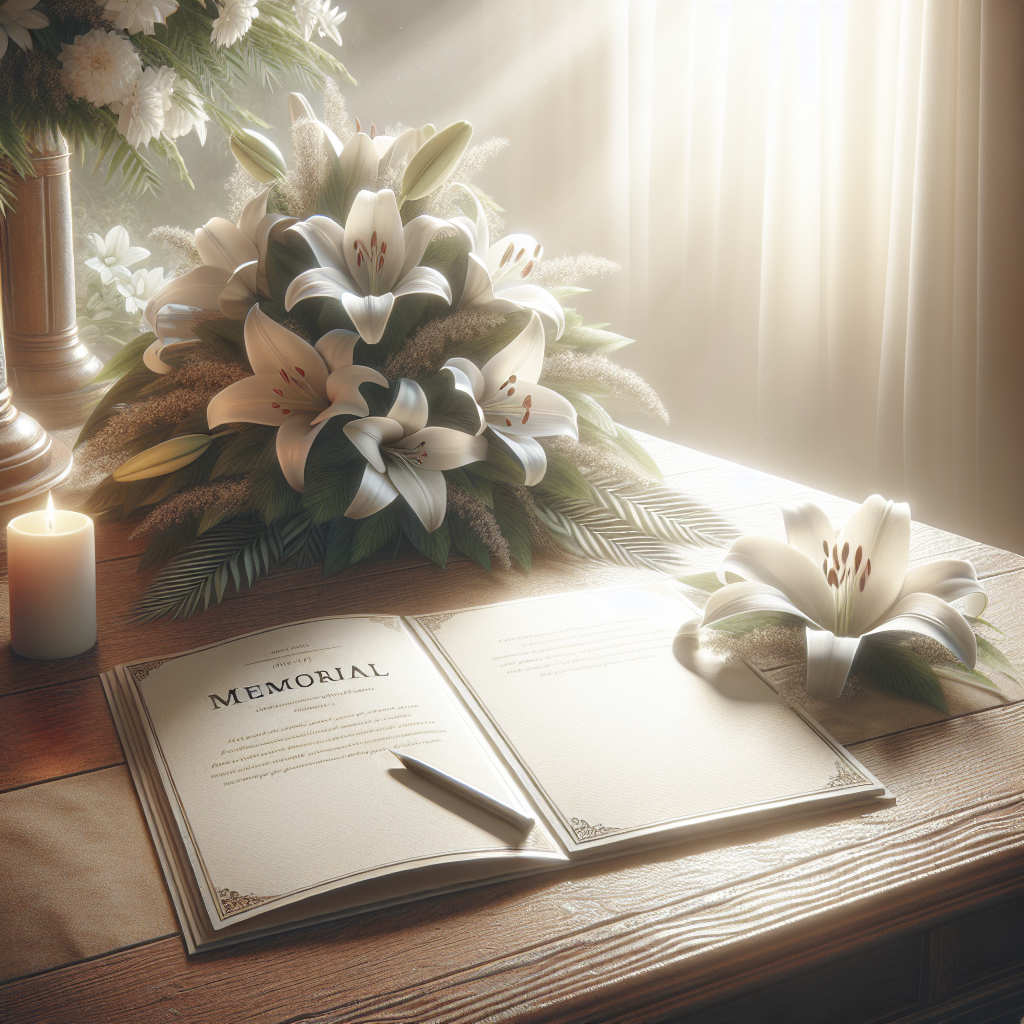 A realistic memorial scene with a folded card on a wooden table, surrounded by white lilies.