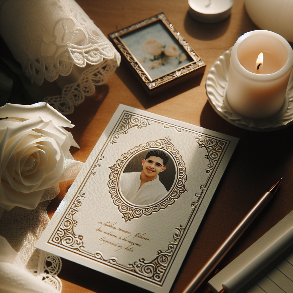 A realistic memorial card on a wooden table with a white rose, a lit candle, and a photo frame of a smiling brother.