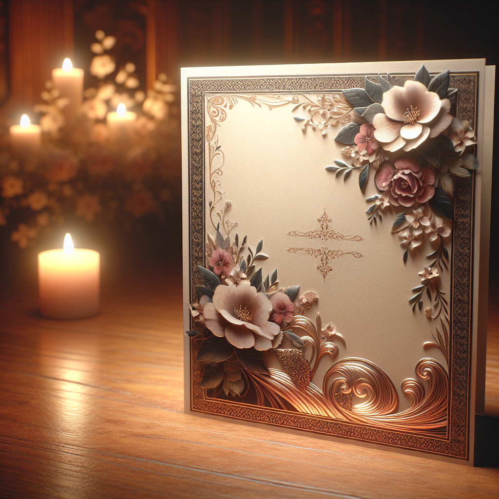 A realistic memorial card with floral designs placed on a wooden table, lit by a nearby candle.