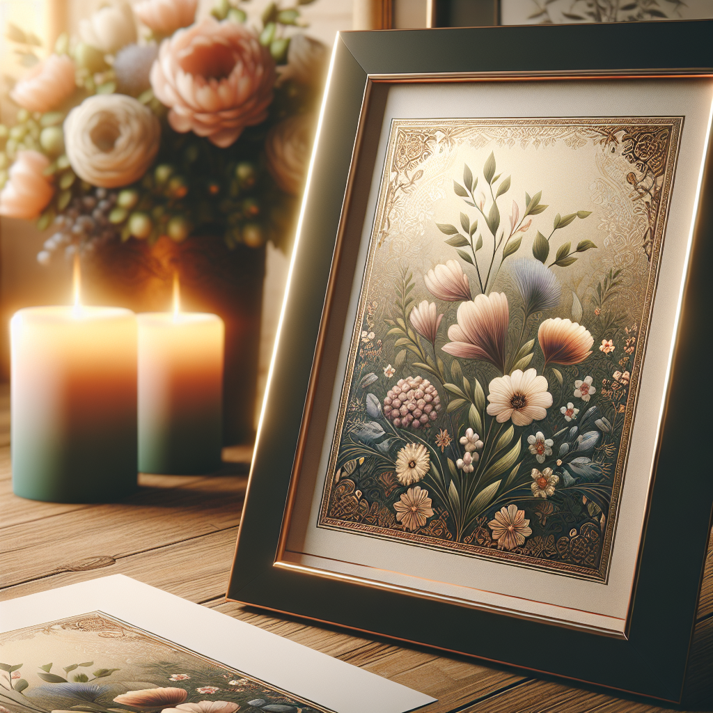 A realistic depiction of a memorial card with floral designs on a wooden table, surrounded by out-of-focus flowers and candles in the background.