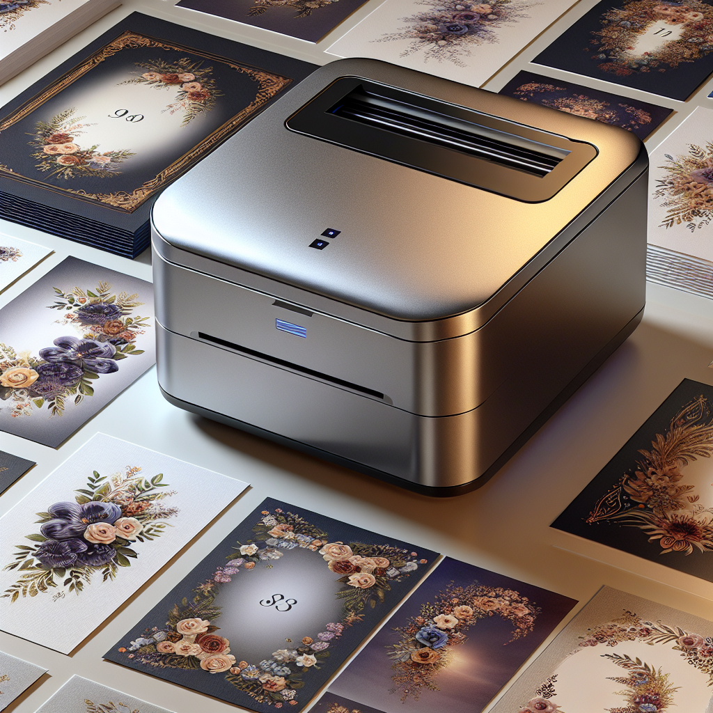 A high-quality funeral card printer surrounded by elegantly designed funeral cards.