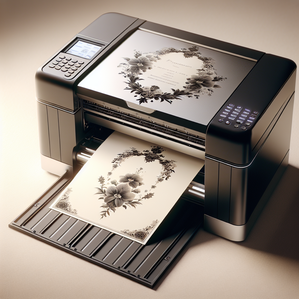 A high-quality funeral card printer in action, showcasing its sleek design and the elegant card it is printing.