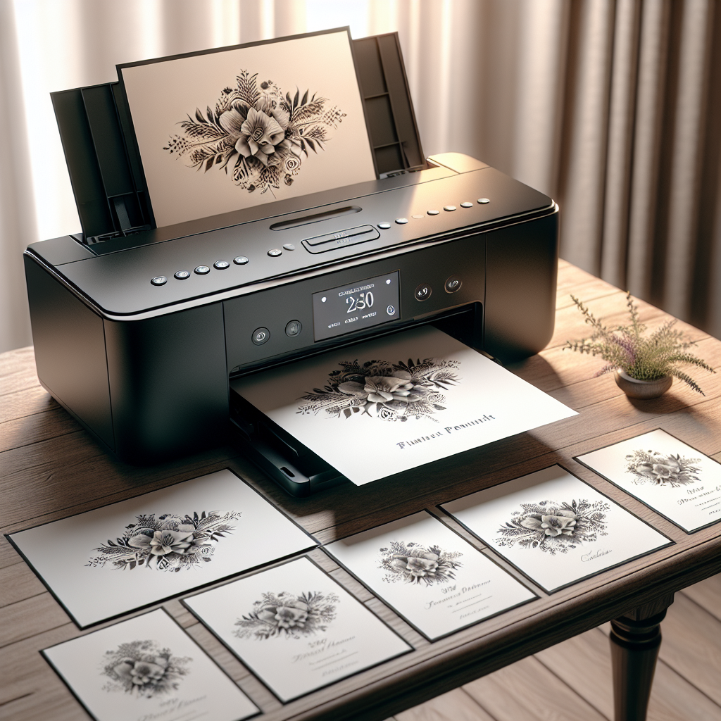 Elegant, high-quality funeral card printer on a wooden desk with printed funeral cards.