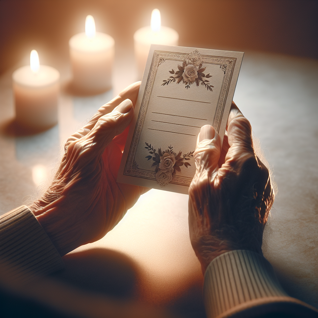 Gentle hands holding a memorial card surrounded by soft candlelight, emphasizing a respectful and tranquil atmosphere.