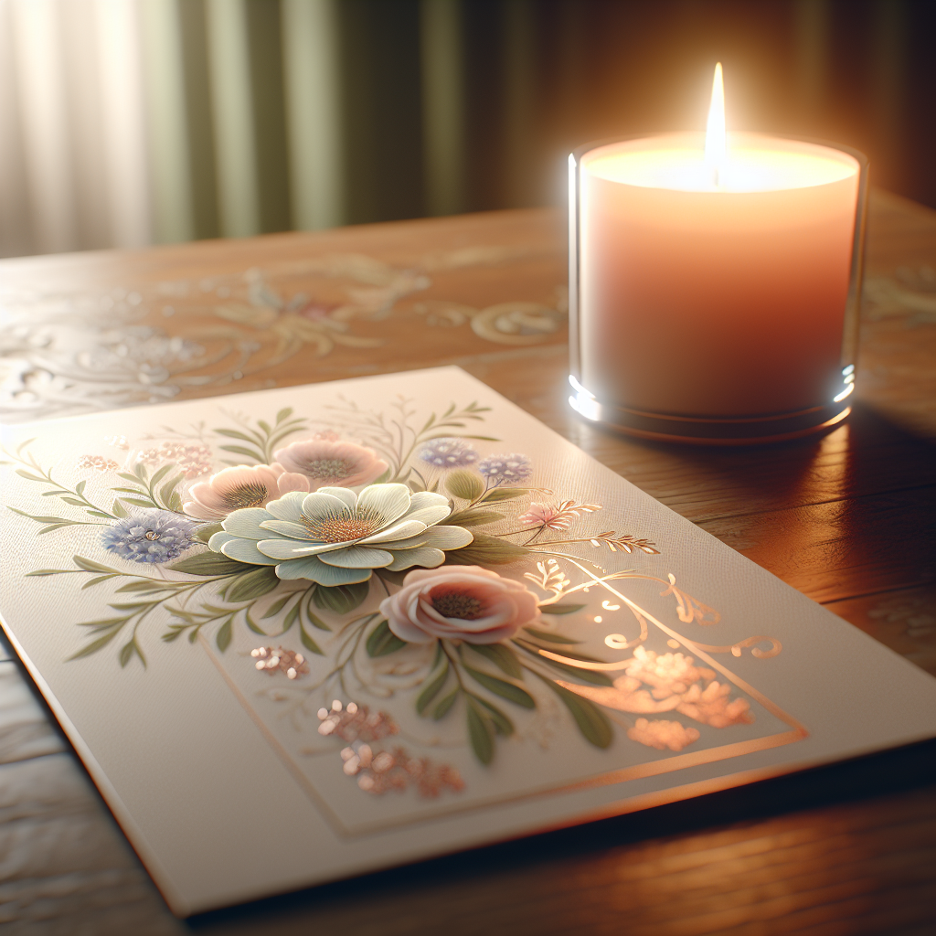 A realistic image of a memorial card with floral designs and a lit candle on a wooden table.