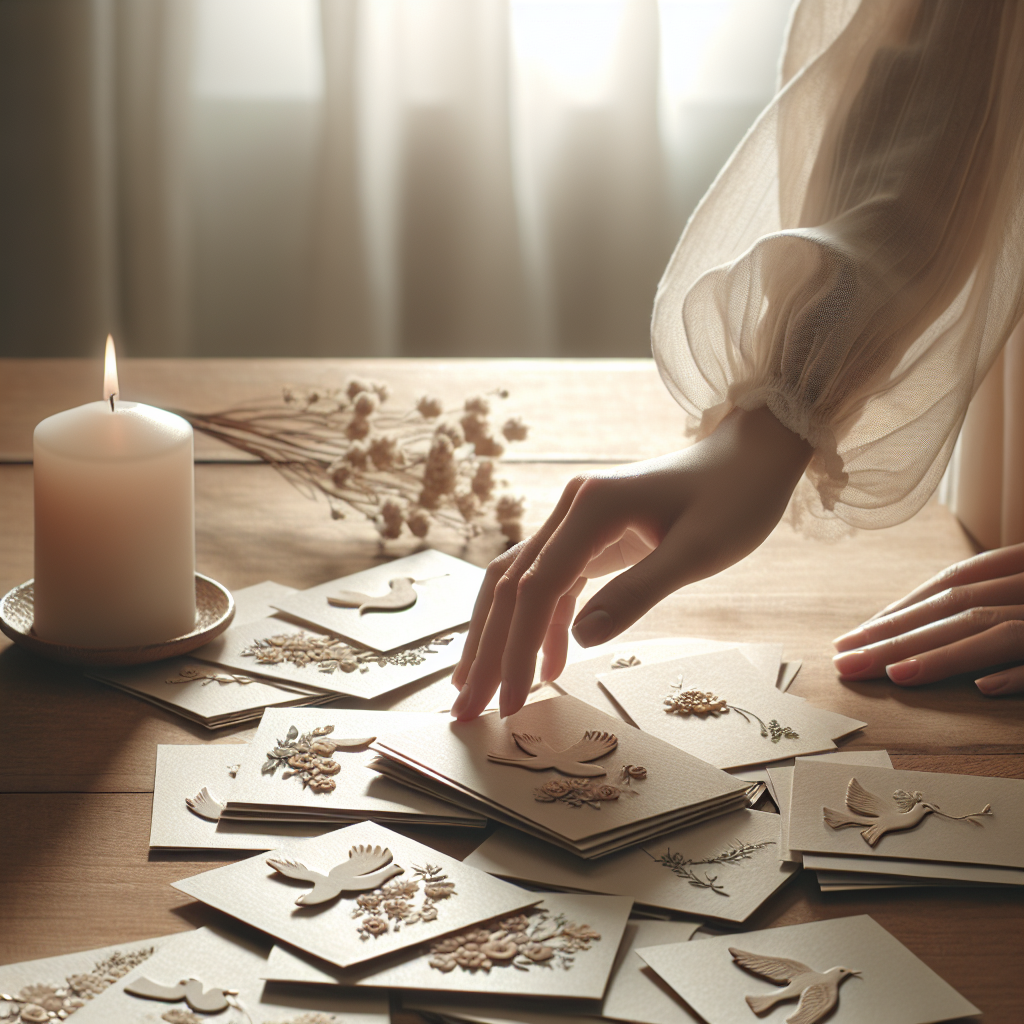 Hand arranging memorial cards on a wooden table