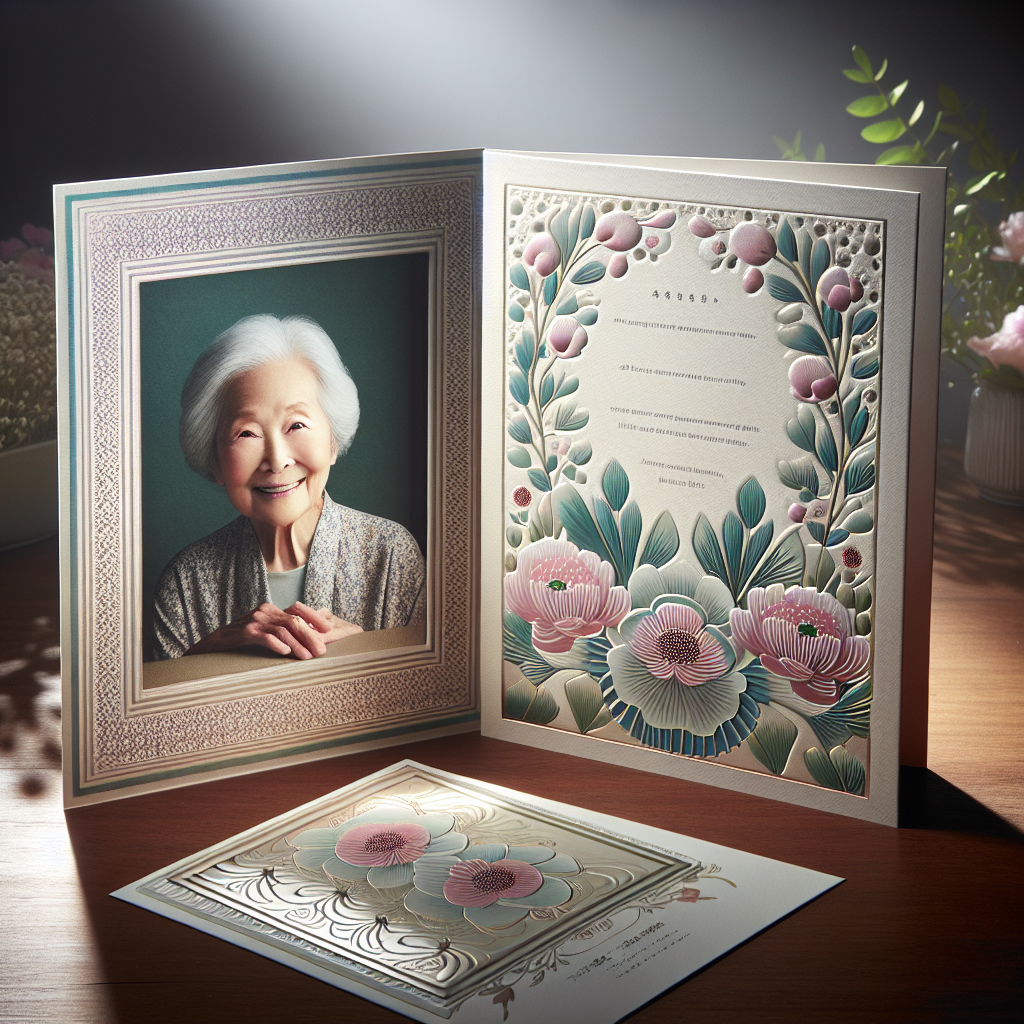 A beautifully designed memorial card with floral decor on a wooden table, accompanied by a small photo frame of an elderly woman.