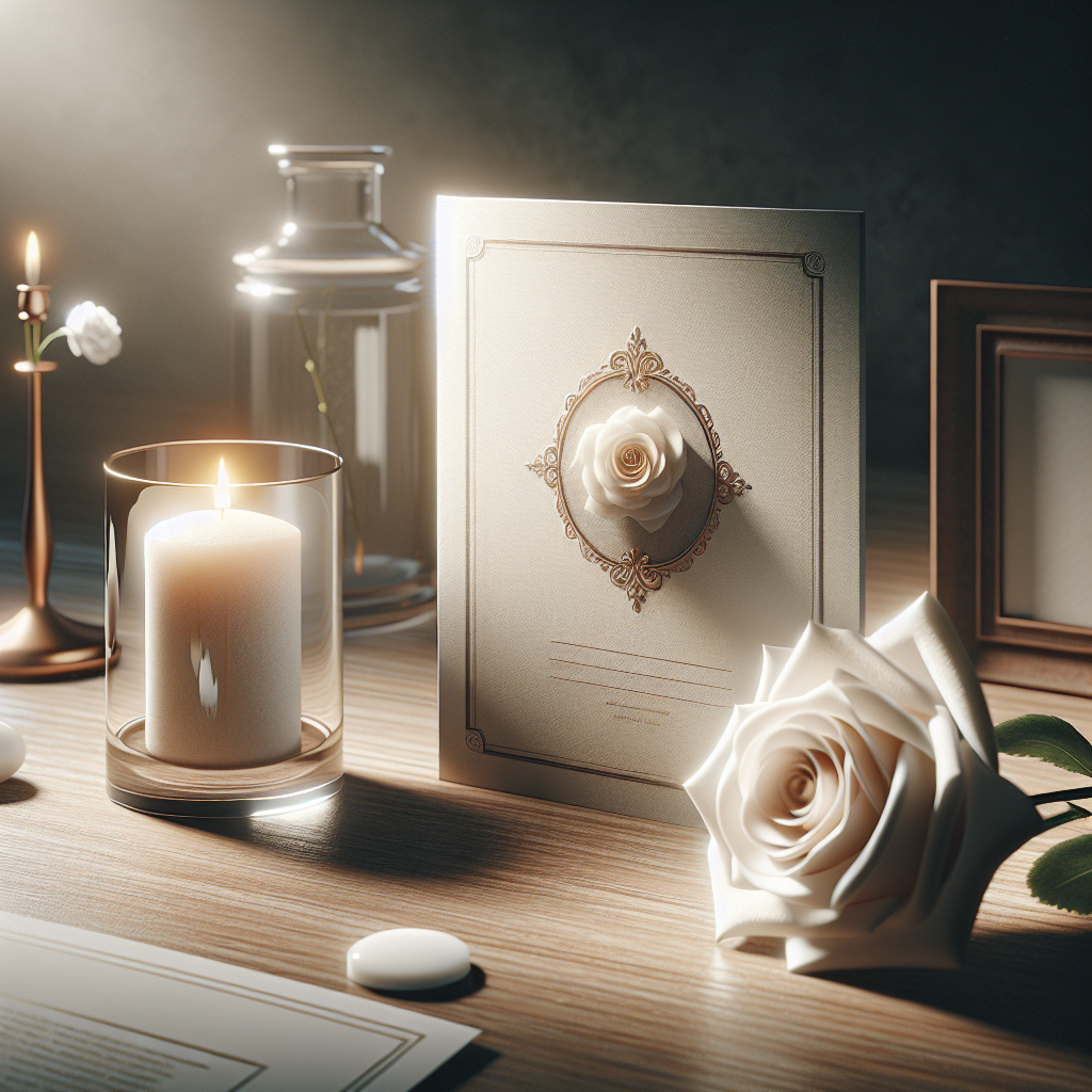 Memorial card on a wooden table with a candle, white rose, and framed photo.