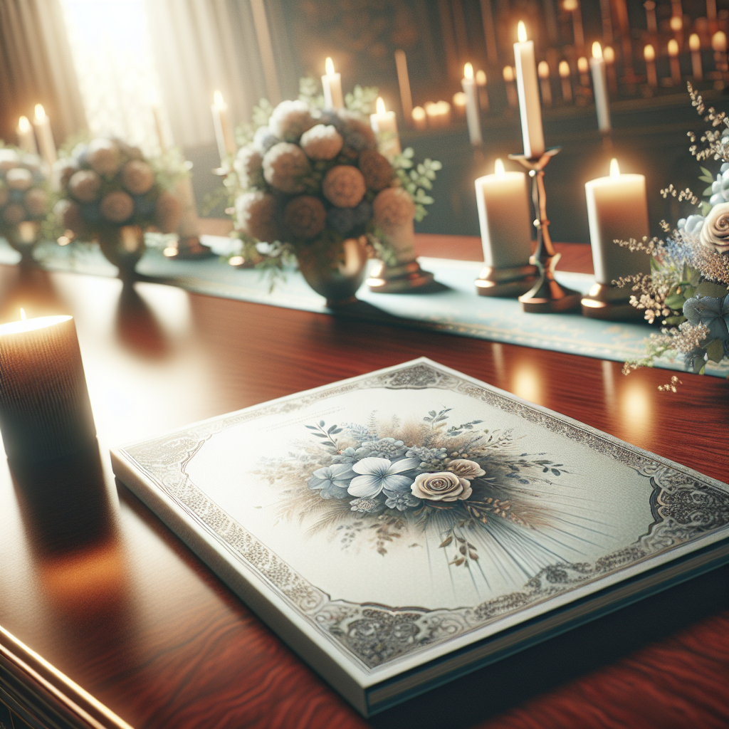 A realistic depiction of a funeral service setting featuring a beautifully printed funeral program on a wooden table.