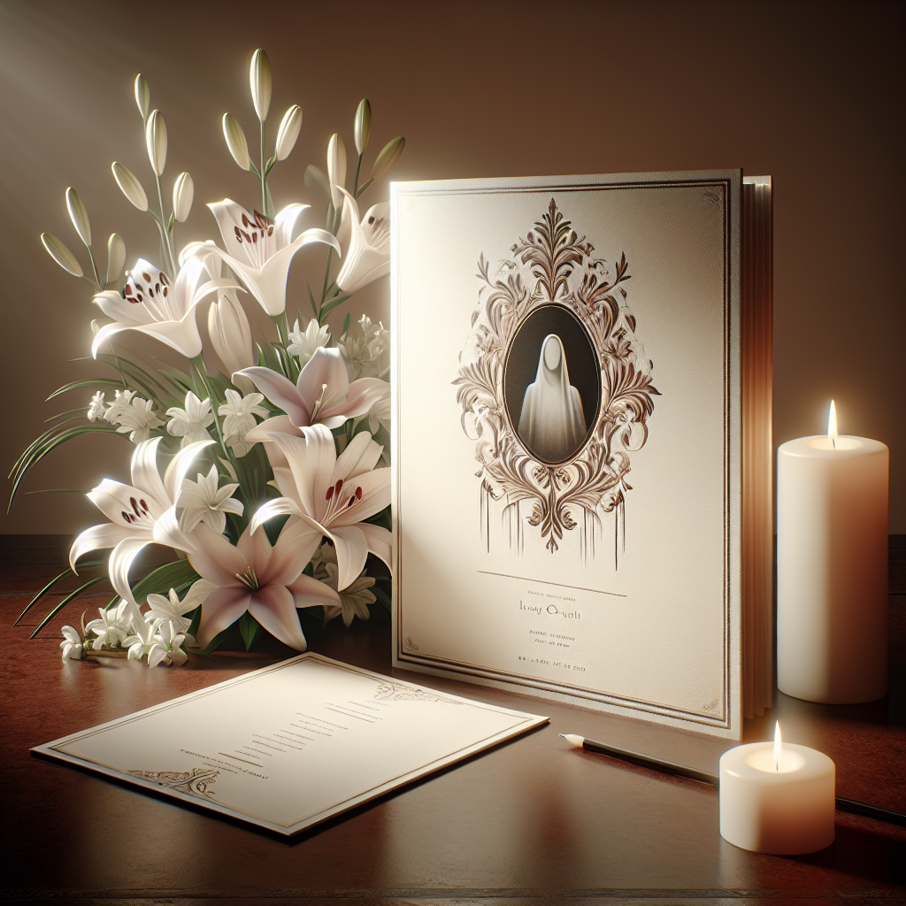 A funeral program booklet on a wooden table with white lilies and candles around it.