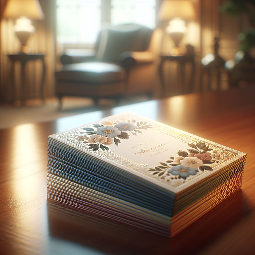 A stack of elegant funeral programs on a polished wooden table in a softly lit room.