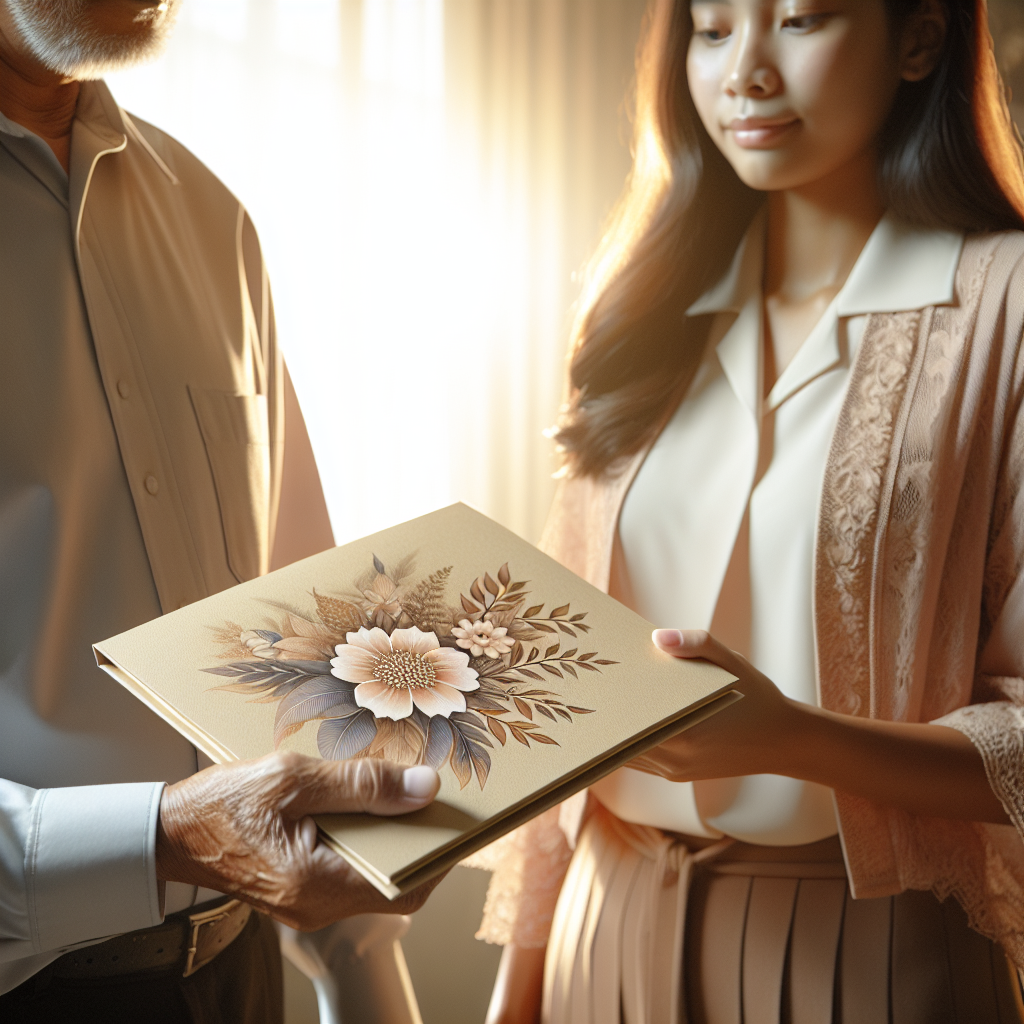 A compassionate moment of handing over a funeral program booklet in a serene, warm-lit environment.