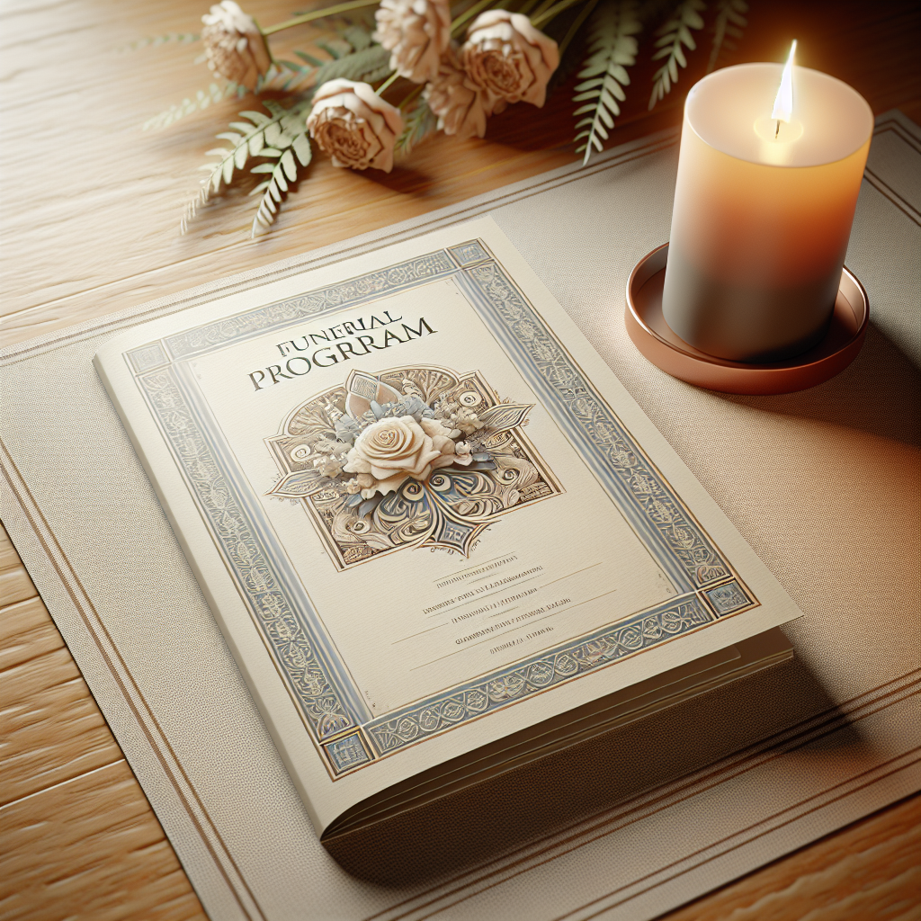 A realistic image of a funeral program booklet open on a wooden table with a lit candle beside it.