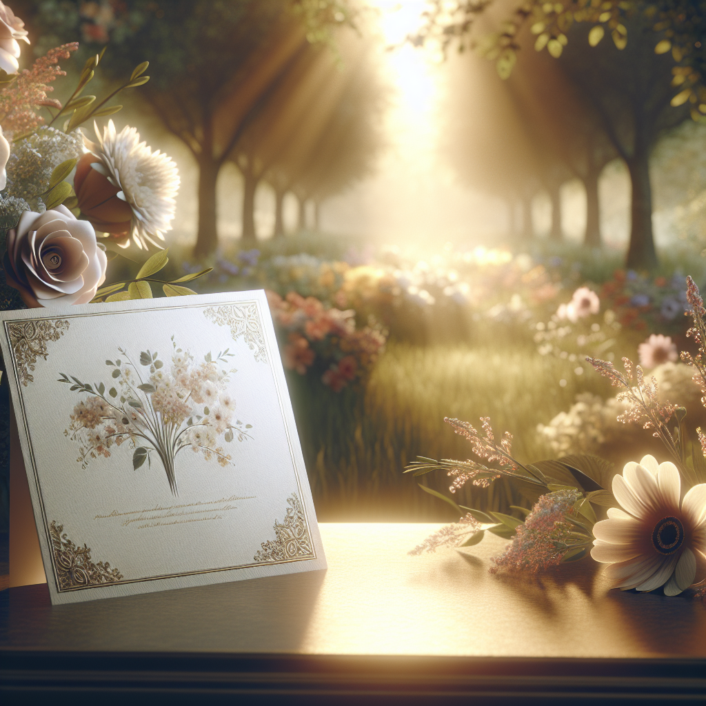 A heartwarming, realistic image of an open memorial card in a serene, sunlit garden with blooming flowers.