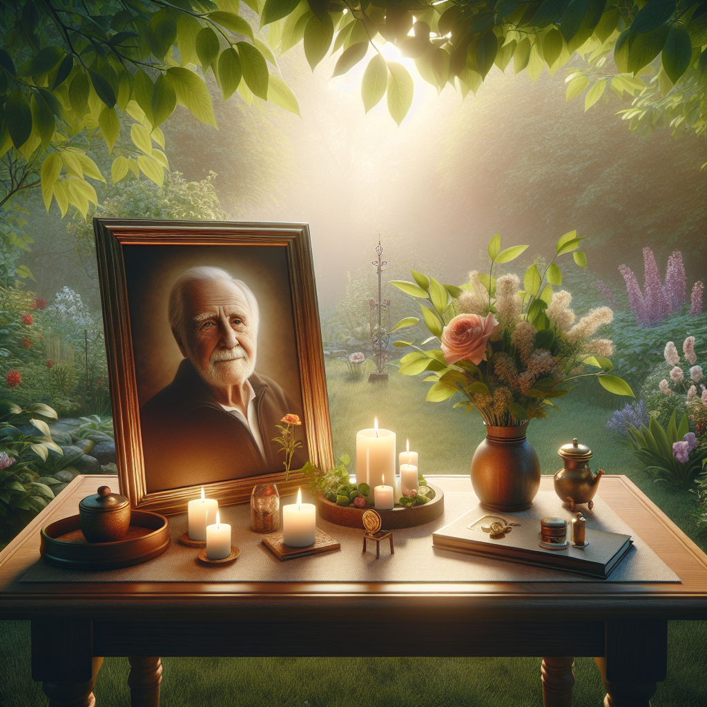 A serene garden memorial setup with a framed portrait, candles, and flowers on a wooden table.