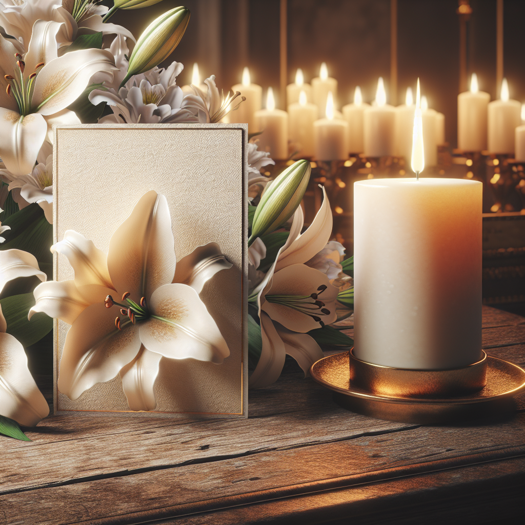 Memorial card on a rustic wooden table with white lilies and a lit candle.