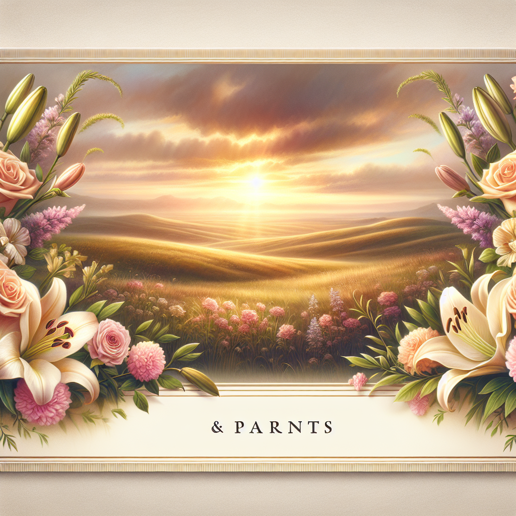 A realistic memorial card with a floral border and a serene landscape background featuring a sunset.