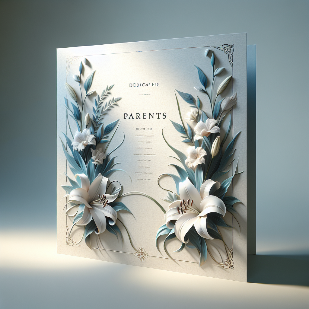 A realistic memorial card for parents with a serene and elegant floral design.