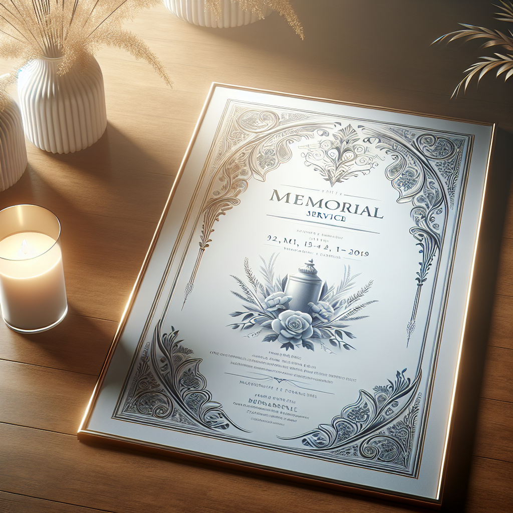 A realistic memorial service poster template on a wooden table with an elegant design.