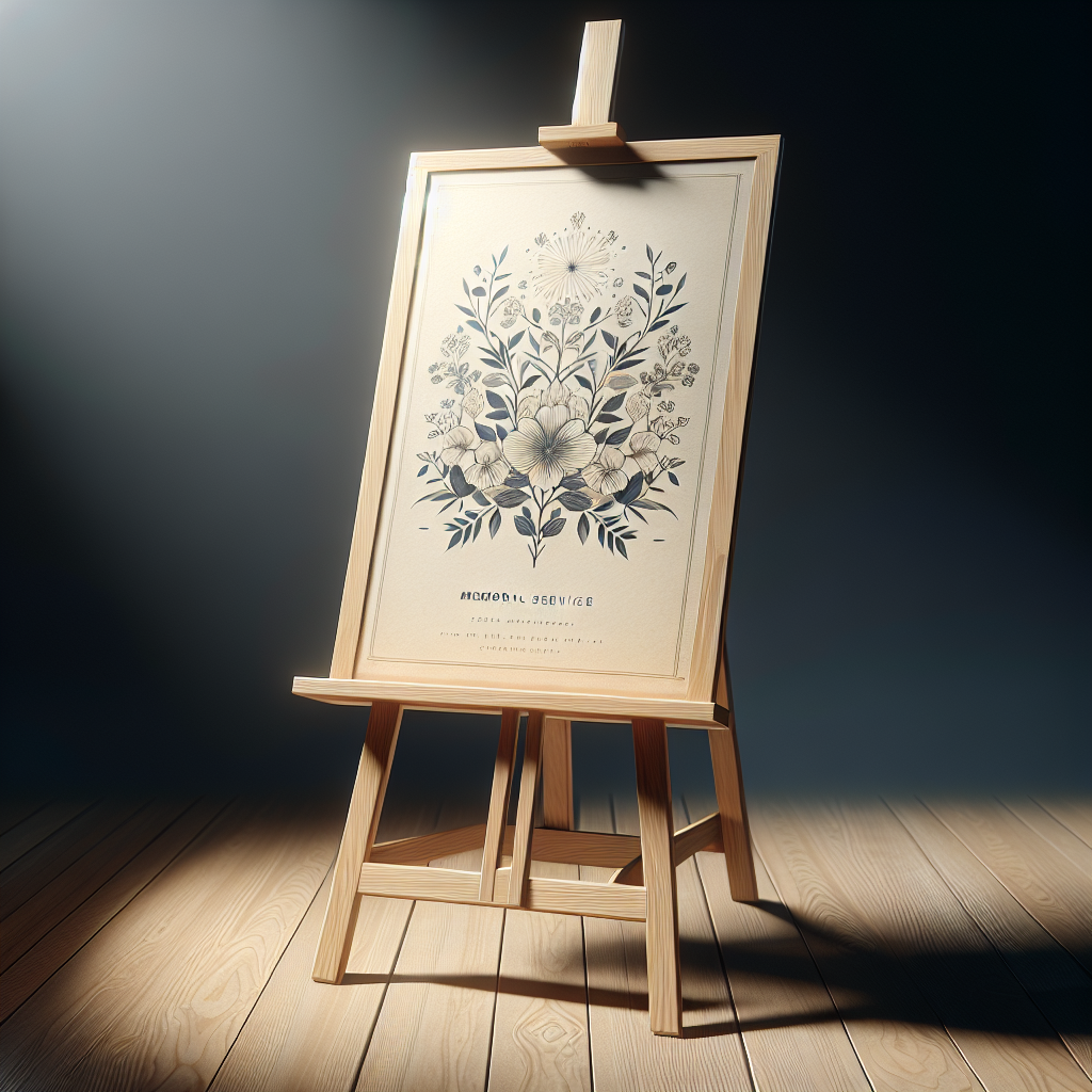 A realistic memorial service poster on an elegant wooden easel with floral designs.