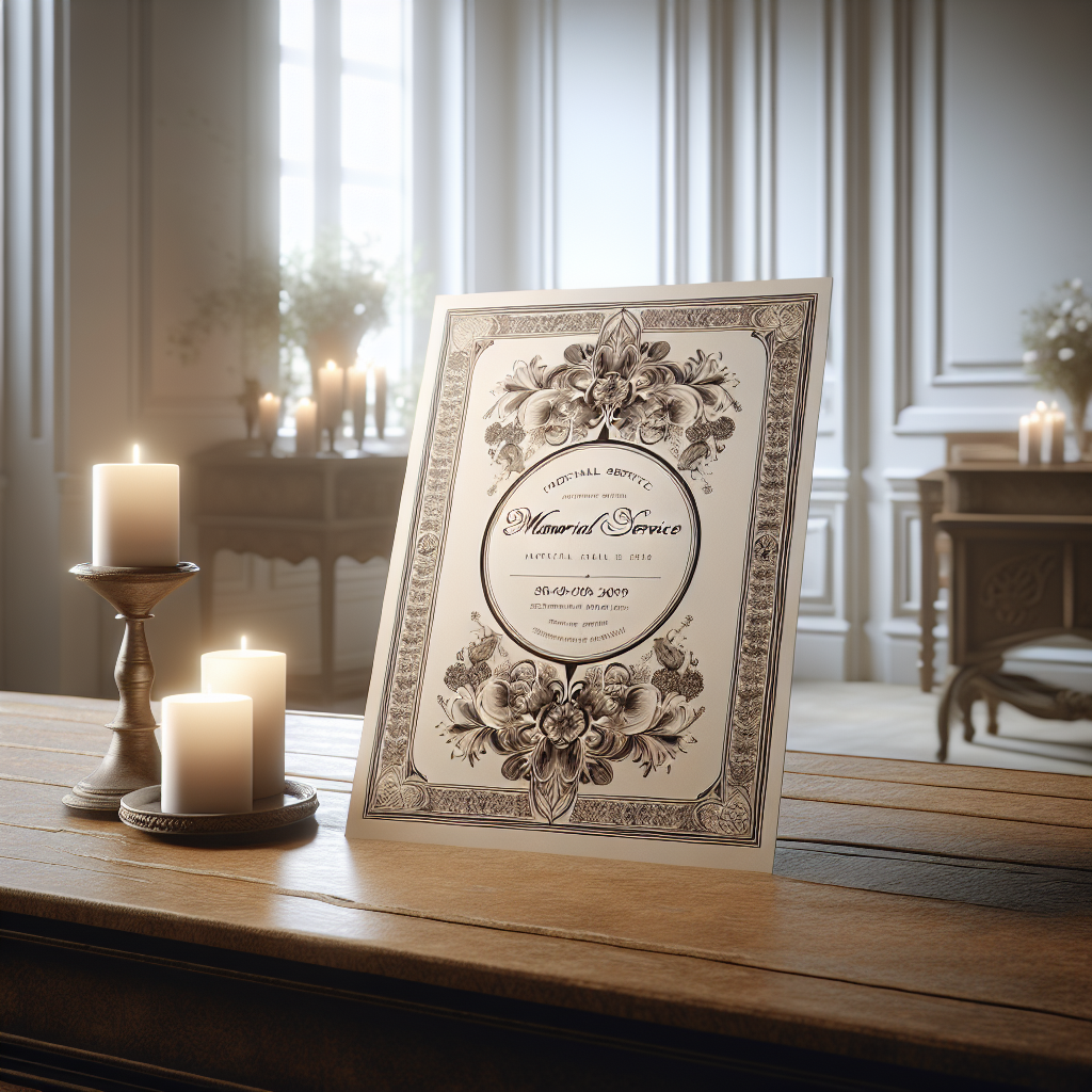 A realistic image of a tasteful memorial service poster on a wooden table with floral borders and a serene background.