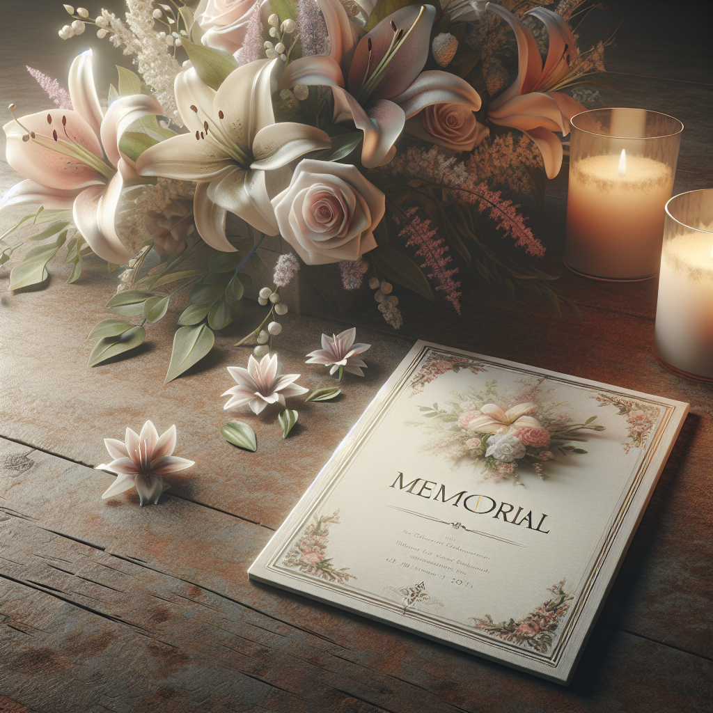 A memorial scene with a floral-bordered card and flowers on a wooden table.