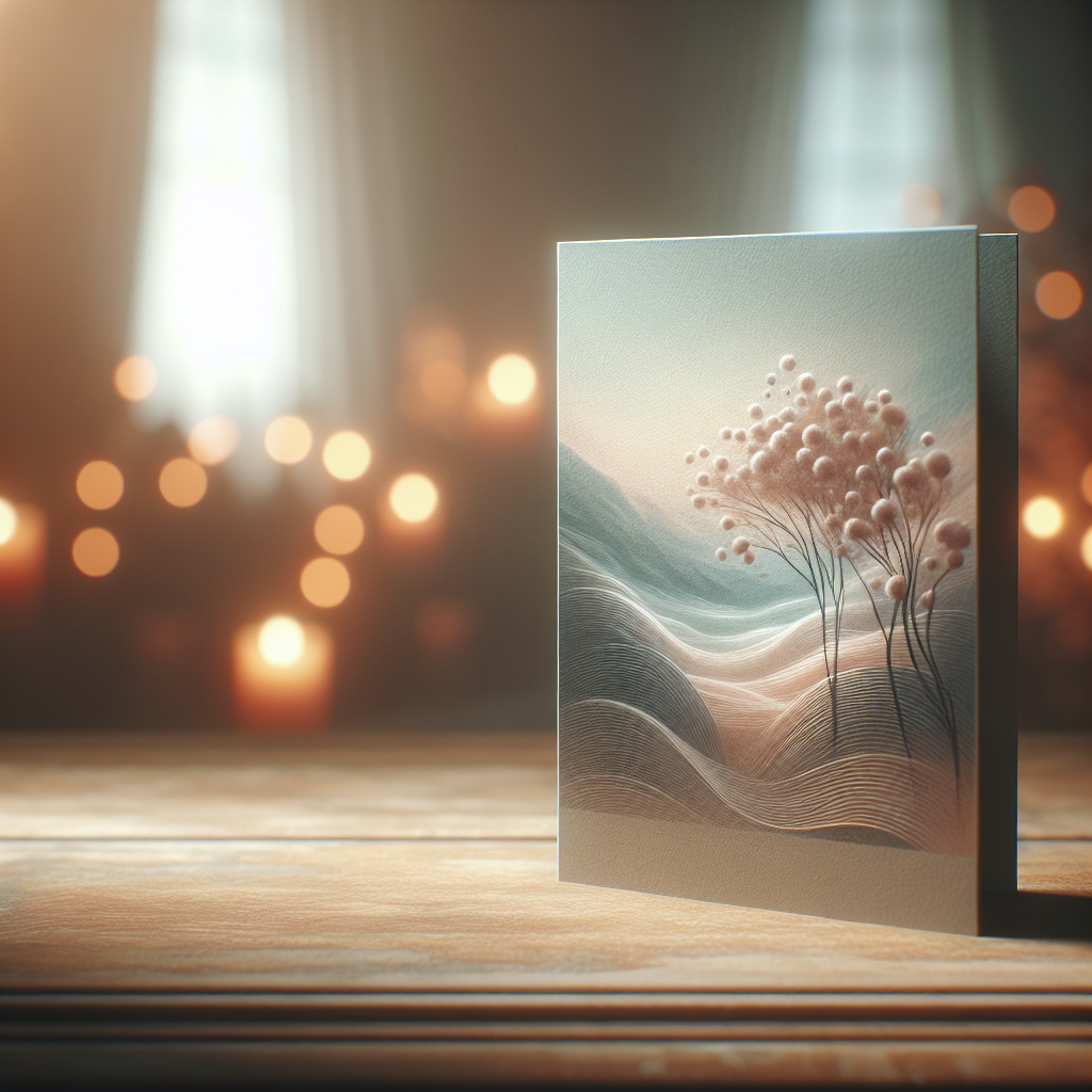 A realistic memorial card on a wooden table, symbolizing remembrance.